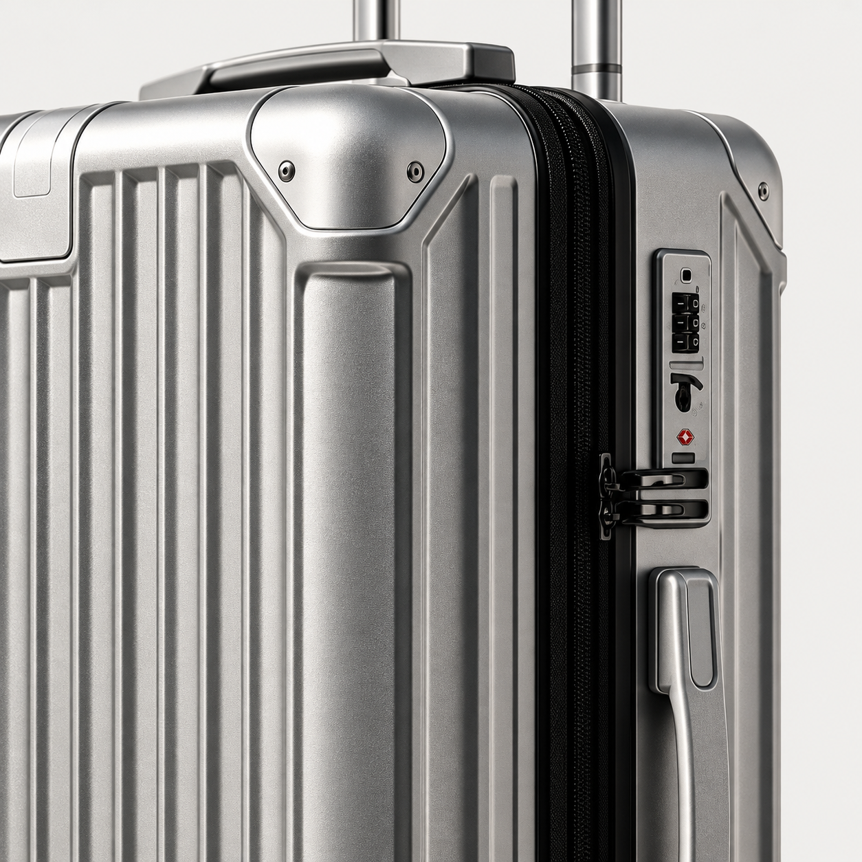 Silver luggage corner with TSA lock and corner protection