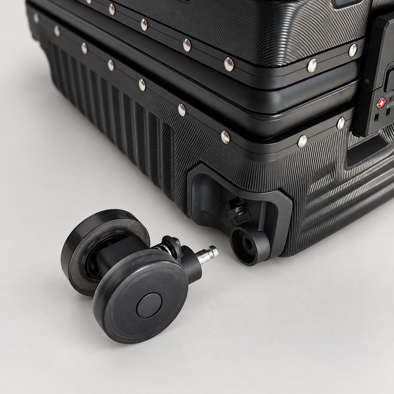 Detachable wheel module removed from luggage